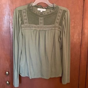 Olive green crochet detail long sleeve shirt.